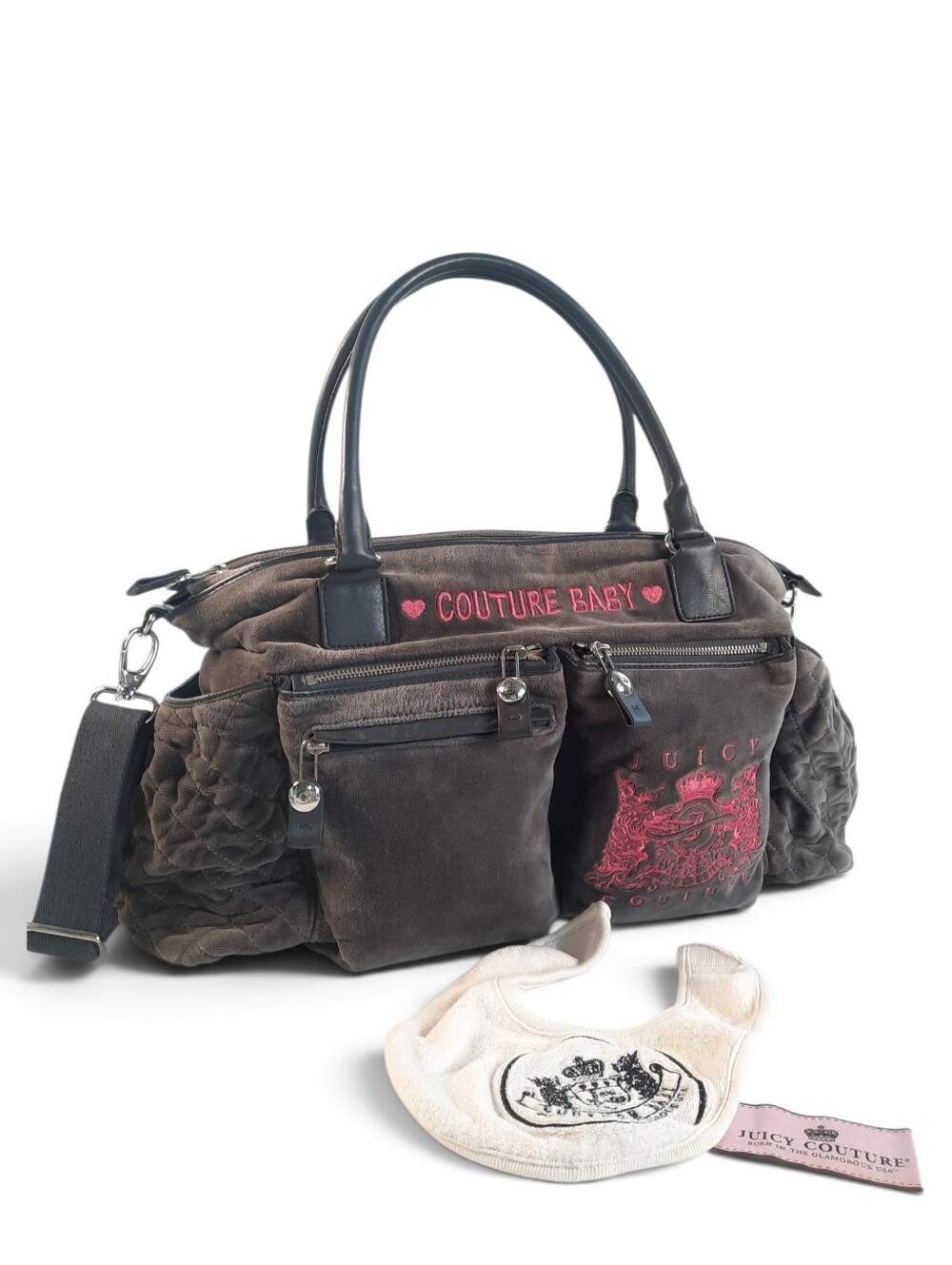 JUICY COUTURE Baby Bag Weekender Terry Velour Bib Duffle Crossbody Gray Pink Y2K